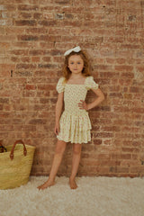 Lexi Pastel Yellow Ditsy Satin Smocked Short Sleeve Ruffle Dress