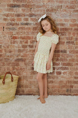 Lexi Pastel Yellow Ditsy Satin Smocked Short Sleeve Ruffle Dress
