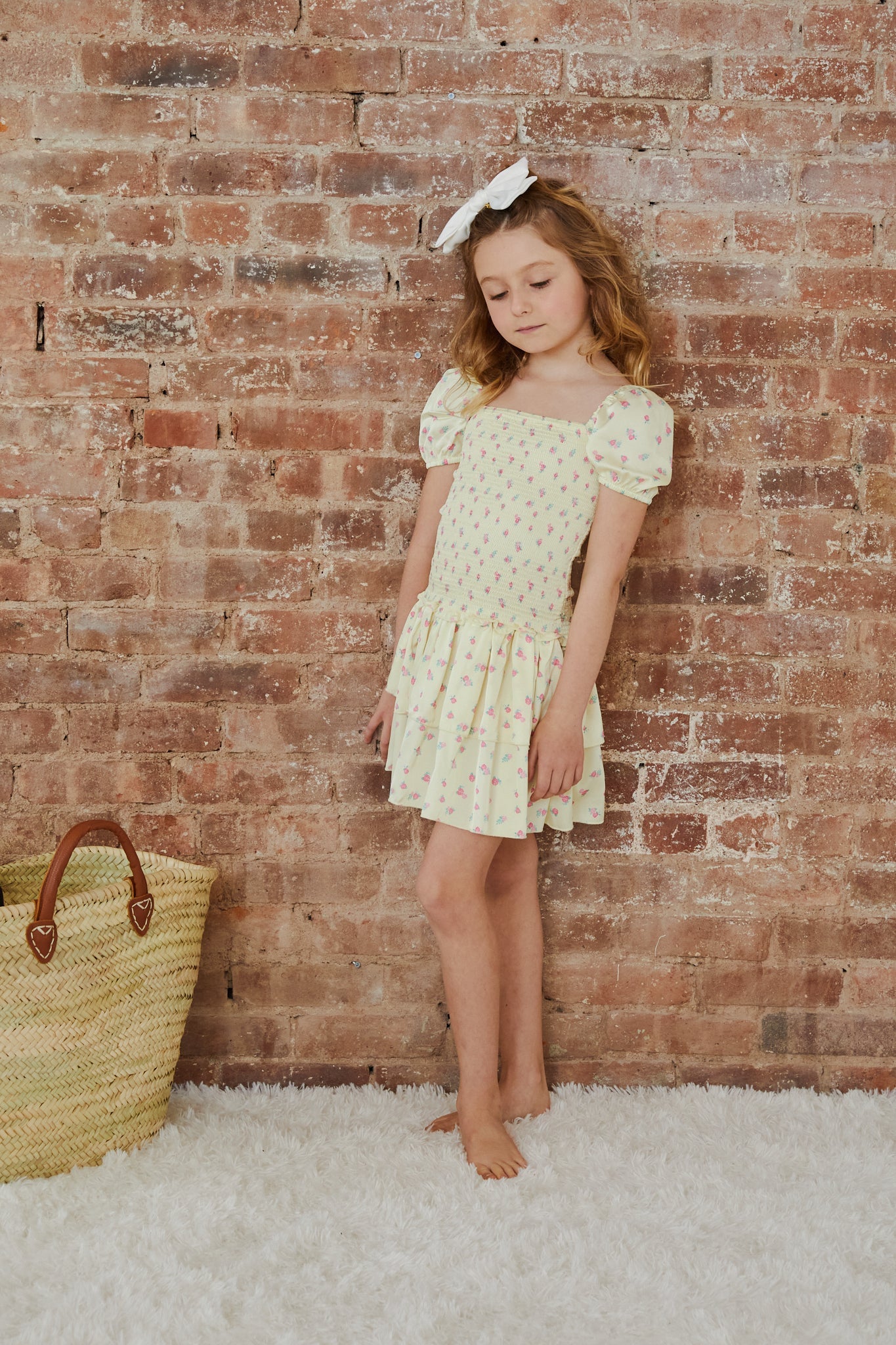 Lexi Pastel Yellow Ditsy Satin Smocked Short Sleeve Ruffle Dress