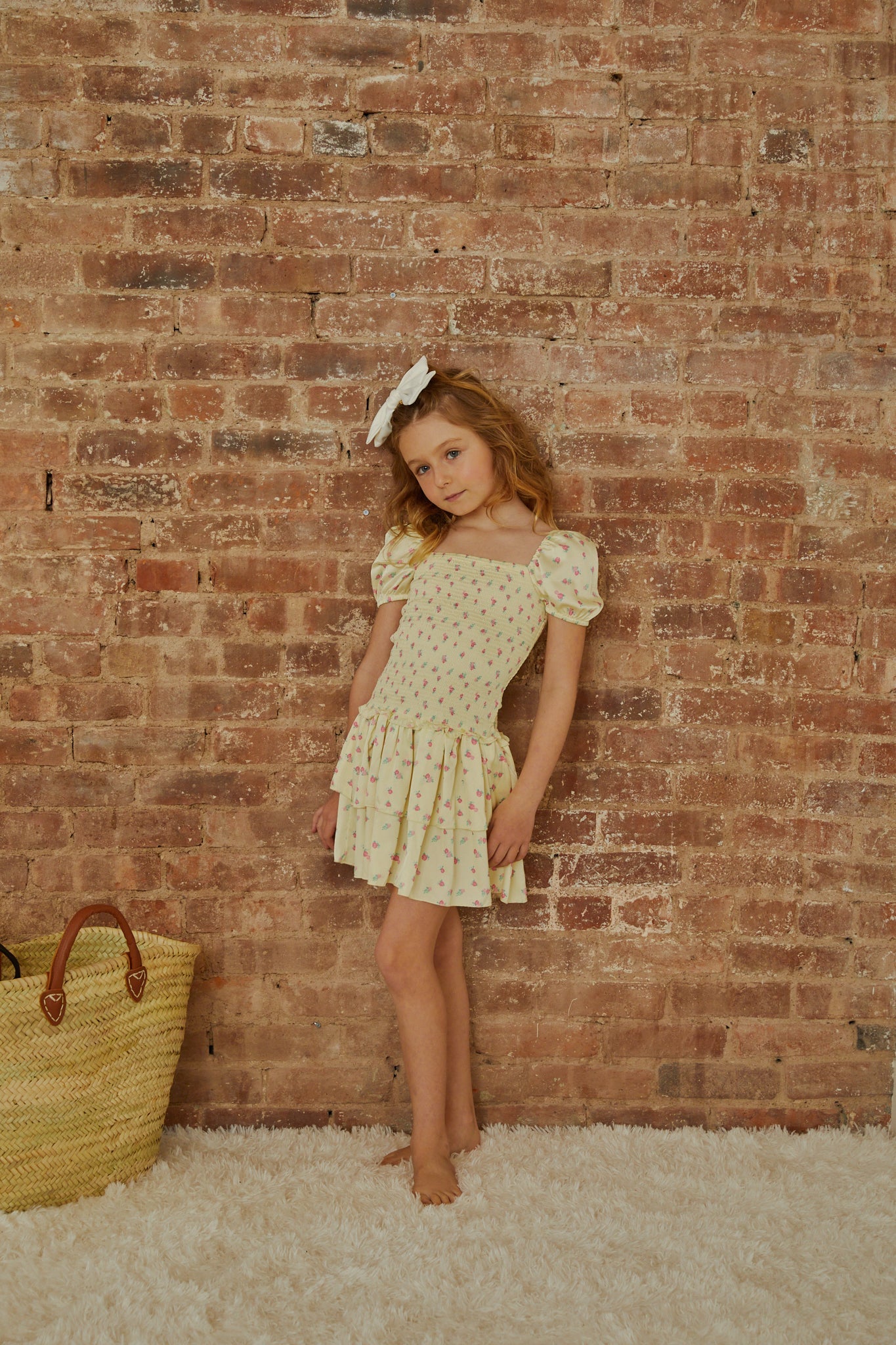 Lexi Pastel Yellow Ditsy Satin Smocked Short Sleeve Ruffle Dress