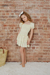 Lexi Pastel Yellow Ditsy Satin Smocked Short Sleeve Ruffle Dress