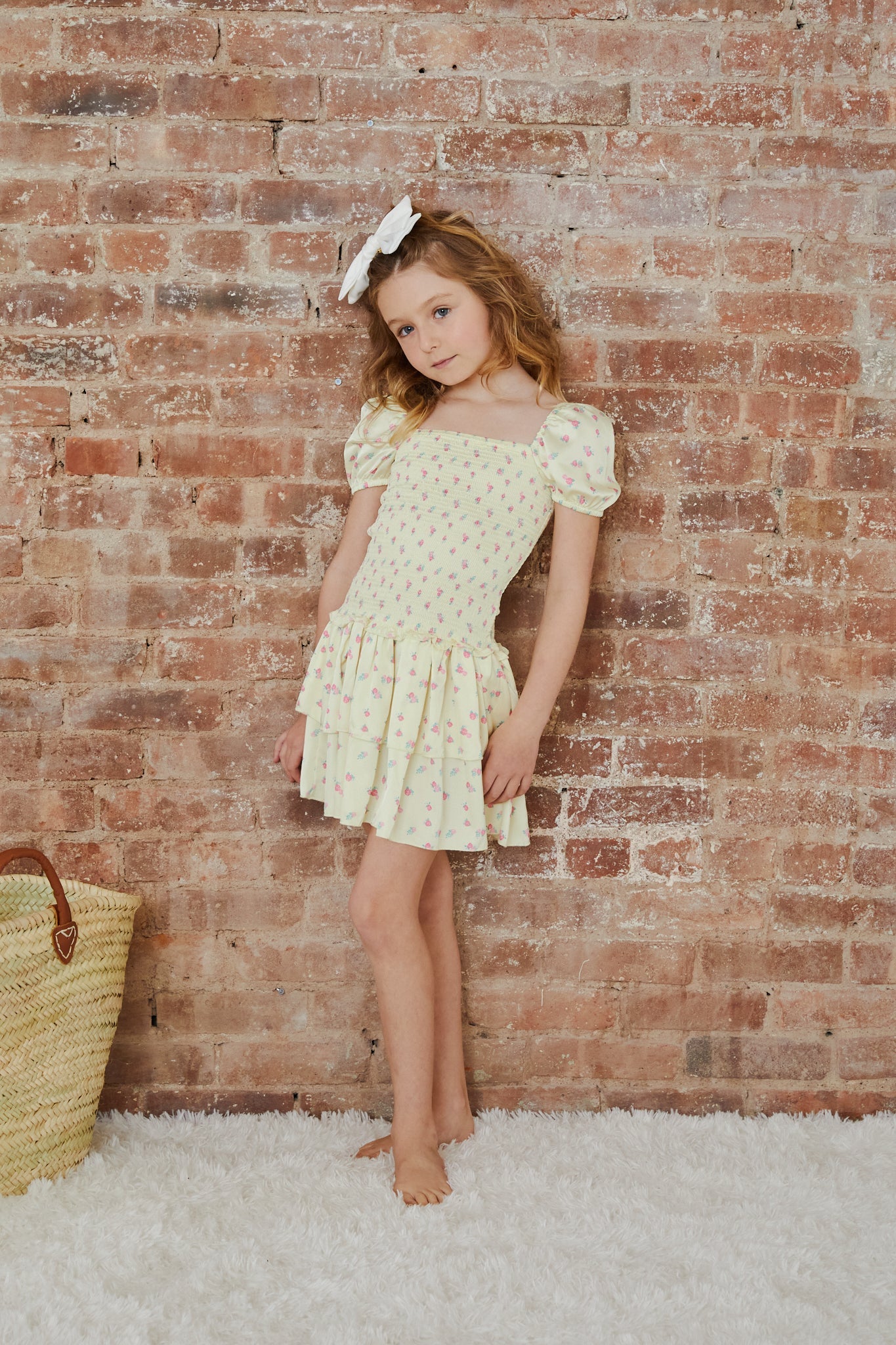 Lexi Pastel Yellow Ditsy Satin Smocked Short Sleeve Ruffle Dress