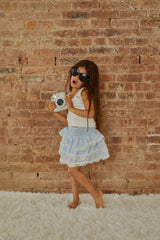 Gemma Pastel Blue Heart Dobbie Smocked Ruffle Mini Skirt S26
