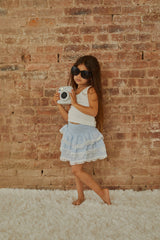 Gemma Pastel Blue Heart Dobbie Smocked Ruffle Mini Skirt S26