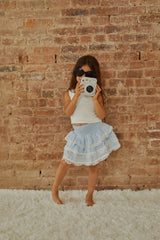 Gemma Pastel Blue Heart Dobbie Smocked Ruffle Mini Skirt S26