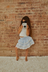 Gemma Pastel Blue Heart Dobbie Smocked Ruffle Mini Skirt S26