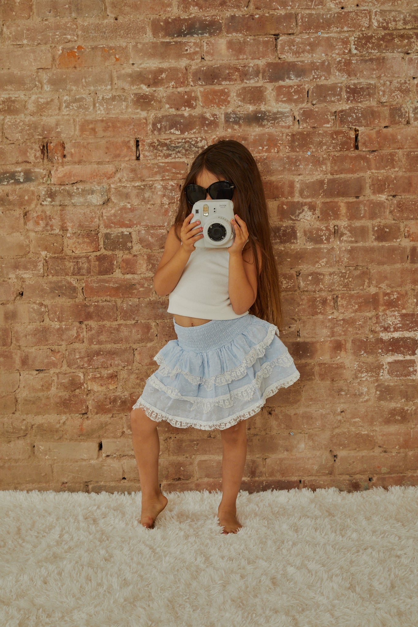 Gemma Pastel Blue Heart Dobbie Smocked Ruffle Mini Skirt S26