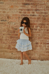 Gemma Pastel Blue Heart Dobbie Smocked Ruffle Mini Skirt S26