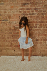 Gemma Pastel Blue Heart Dobbie Smocked Ruffle Mini Skirt S26