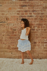 Gemma Pastel Blue Heart Dobbie Smocked Ruffle Mini Skirt S26