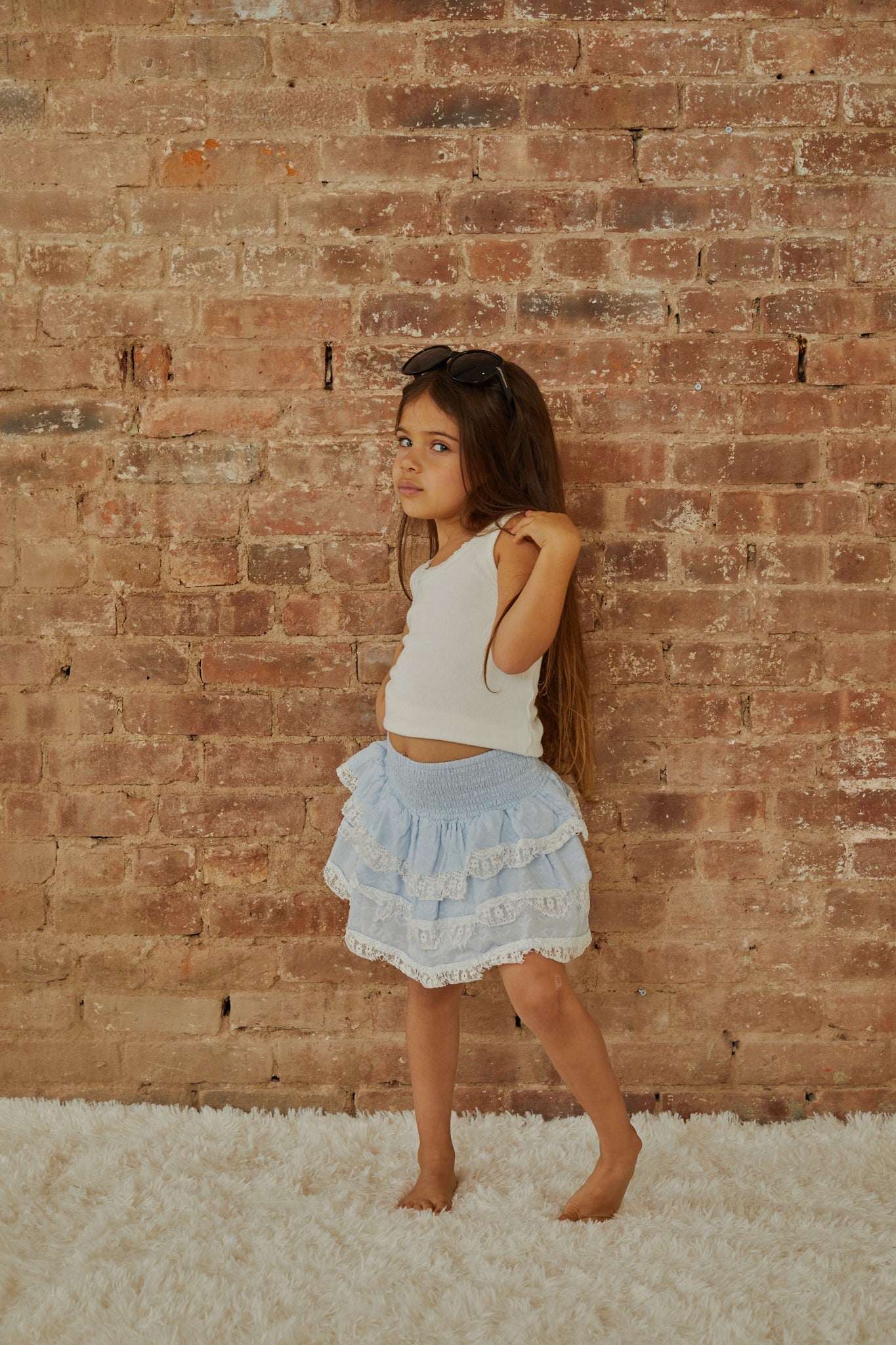 Gemma Pastel Blue Heart Dobbie Smocked Ruffle Mini Skirt S26