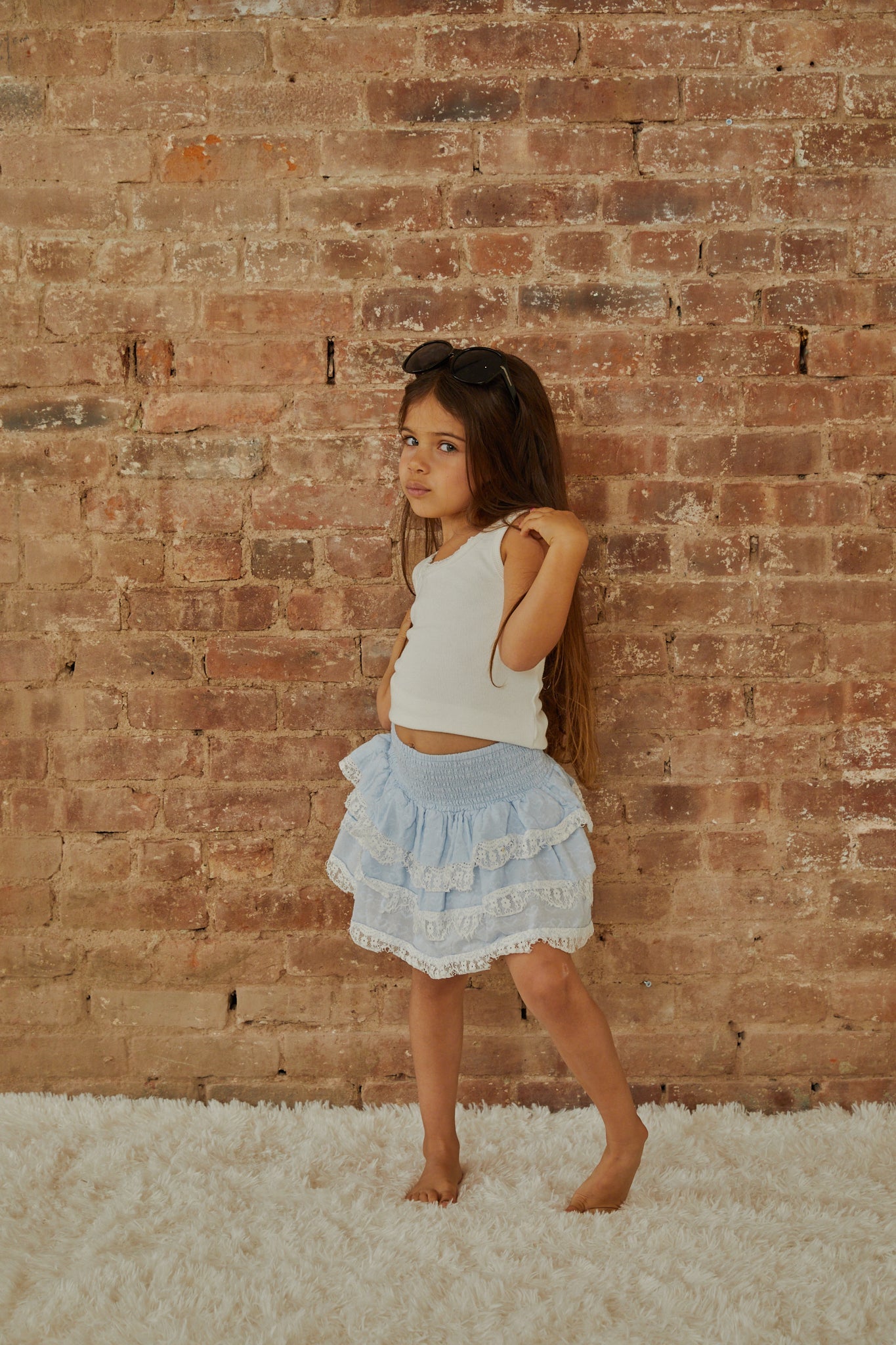 Gemma Pastel Blue Heart Dobbie Smocked Ruffle Mini Skirt S26