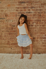 Gemma Pastel Blue Heart Dobbie Smocked Ruffle Mini Skirt S26