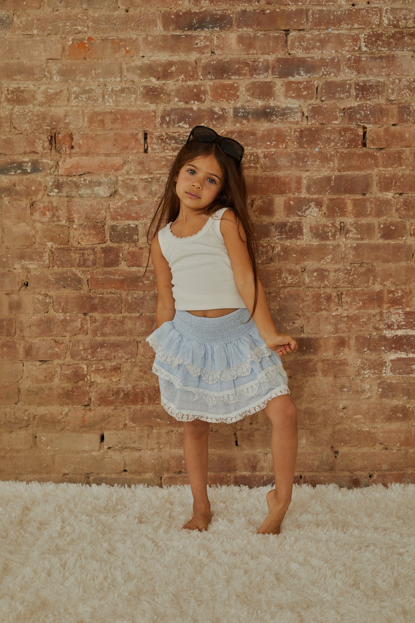 Gemma Pastel Blue Heart Dobbie Smocked Ruffle Mini Skirt S26