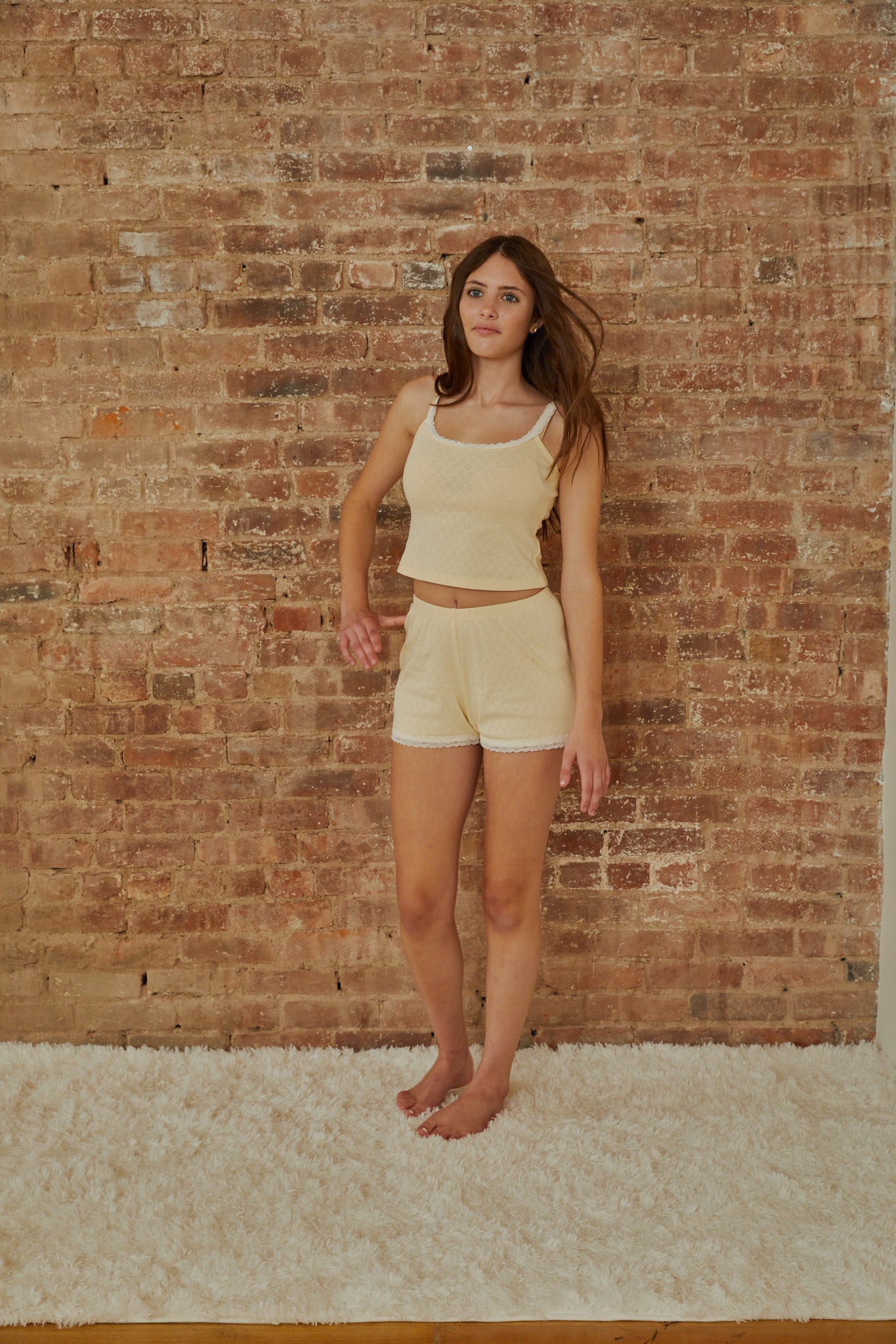 Teddy Pastel Yellow With White Lace Heart Pointelle Shorts