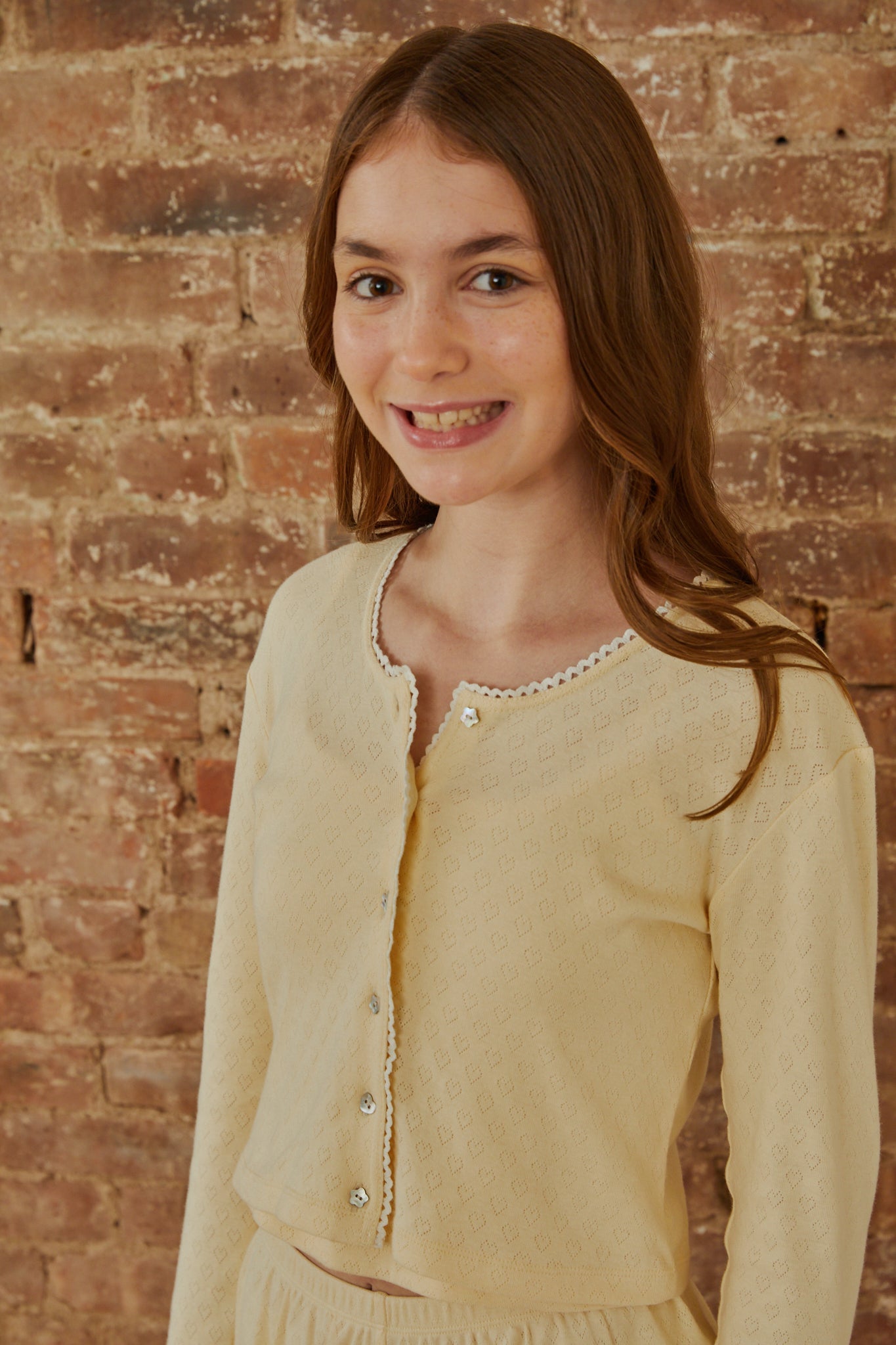 Marni Pastel Yellow With White Lace Heart Pointelle Cardigan