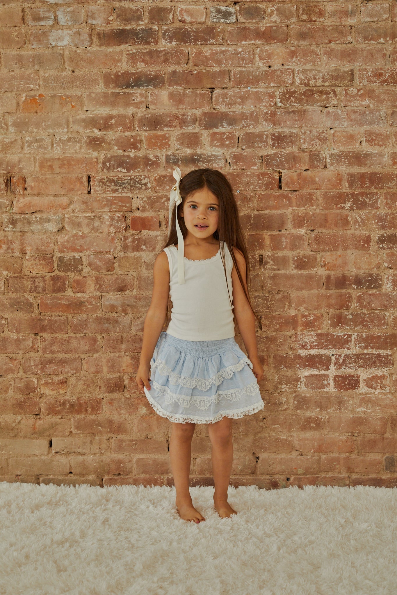 Gemma Pastel Blue Heart Dobbie Smocked Ruffle Mini Skirt S26