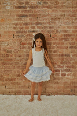 Gemma Pastel Blue Heart Dobbie Smocked Ruffle Mini Skirt S26
