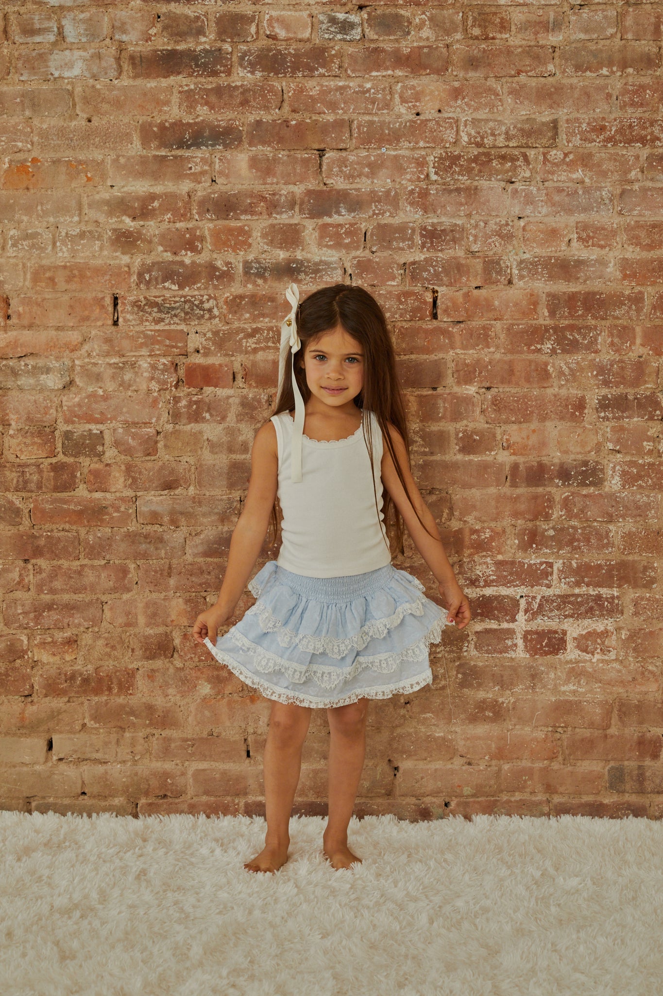 Gemma Pastel Blue Heart Dobbie Smocked Ruffle Mini Skirt S26