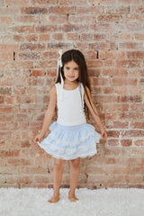 Gemma Pastel Blue Heart Dobbie Smocked Ruffle Mini Skirt S26