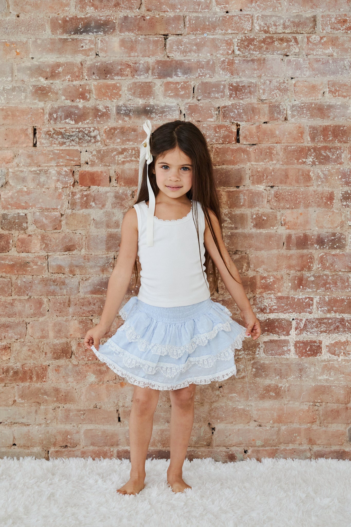 Gemma Pastel Blue Heart Dobbie Smocked Ruffle Mini Skirt S26