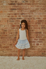 Gemma Pastel Blue Heart Dobbie Smocked Ruffle Mini Skirt S26