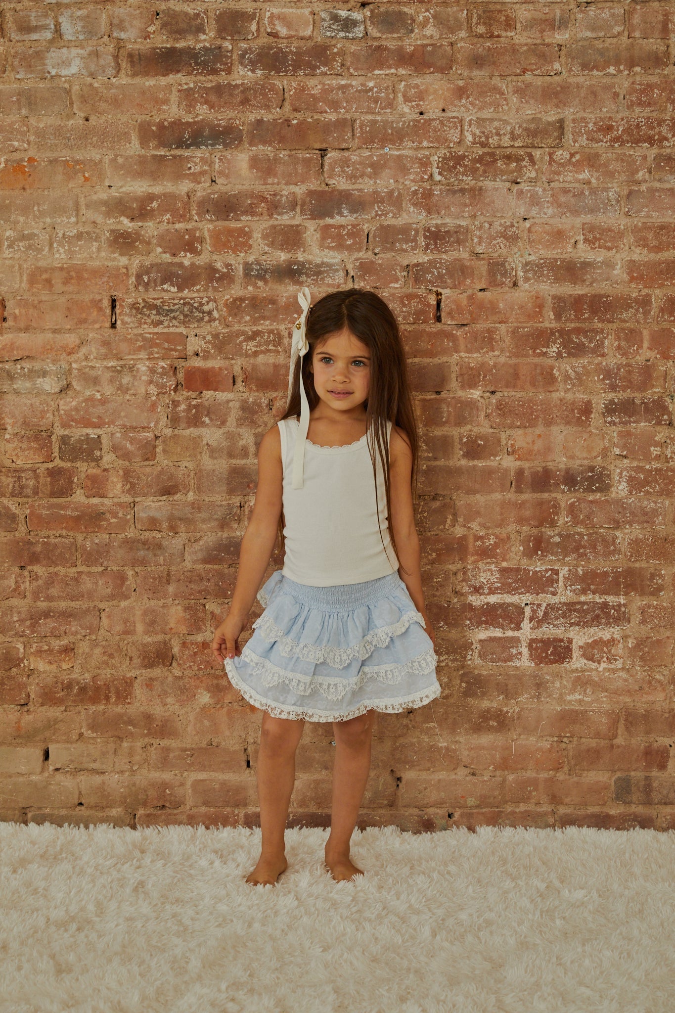 Gemma Pastel Blue Heart Dobbie Smocked Ruffle Mini Skirt S26