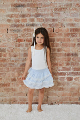 Gemma Pastel Blue Heart Dobbie Smocked Ruffle Mini Skirt S26
