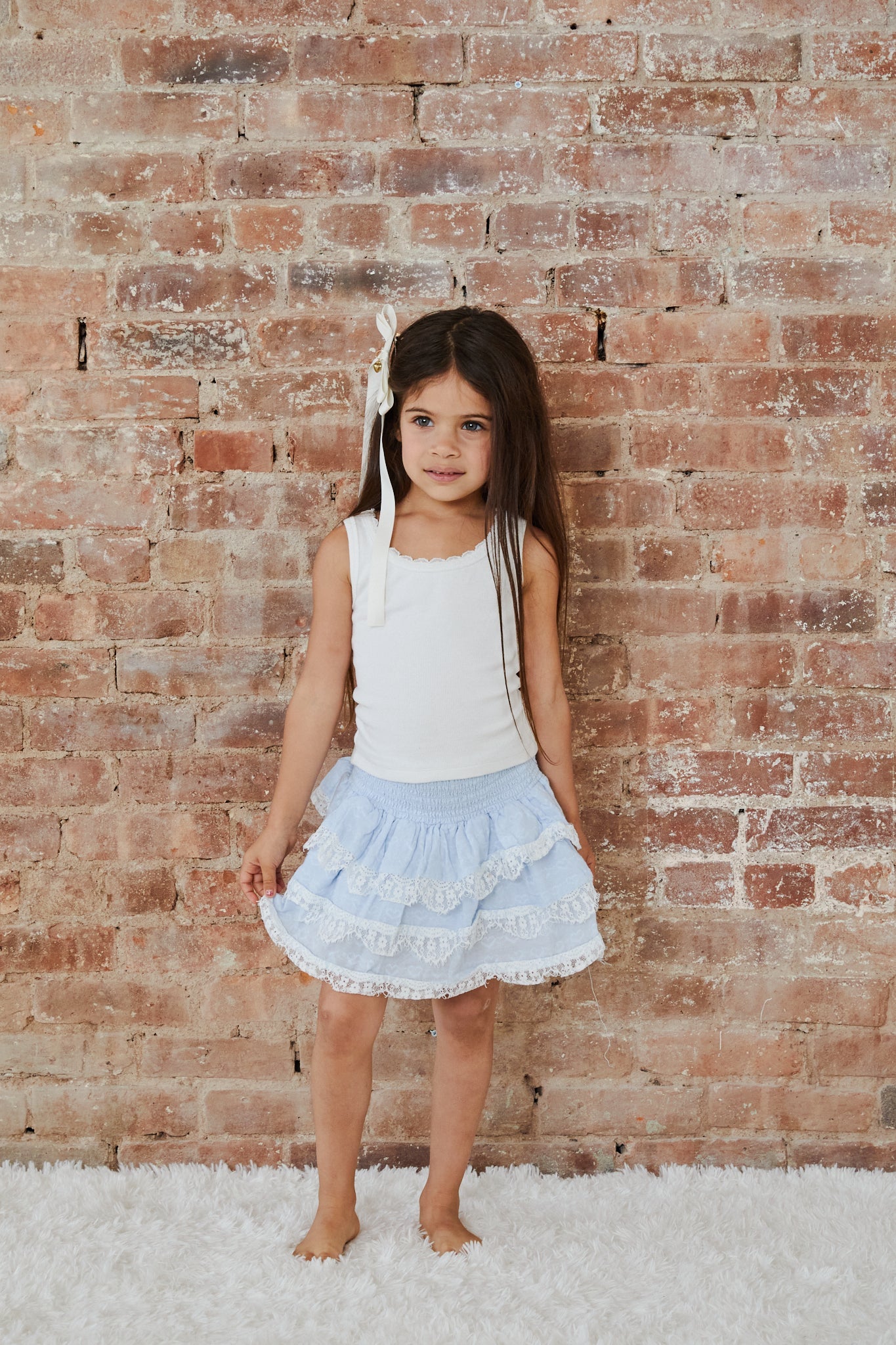 Gemma Pastel Blue Heart Dobbie Smocked Ruffle Mini Skirt S26
