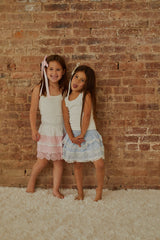 Gemma Pastel Blue Heart Dobbie Smocked Ruffle Mini Skirt S26