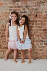 Gemma Pastel Blue Heart Dobbie Smocked Ruffle Mini Skirt S26