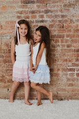 Gemma Pastel Blue Heart Dobbie Smocked Ruffle Mini Skirt S26