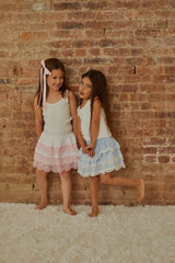Gemma White With Pink Lace Heart Dobbie Smocked Ruffle Mini Skirt