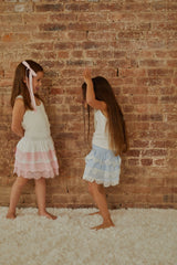 Gemma White With Pink Lace Heart Dobbie Smocked Ruffle Mini Skirt