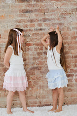 Gemma Pastel Blue Heart Dobbie Smocked Ruffle Mini Skirt S26