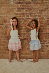 Gemma Pastel Blue Heart Dobbie Smocked Ruffle Mini Skirt S26