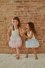 Gemma White With Pink Lace Heart Dobbie Smocked Ruffle Mini Skirt