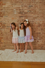 Gemma Lavender With White Lace Heart Dobbie Smocked Ruffle Mini Skirt