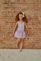 Gemma Lavender With White Lace Heart Dobbie Smocked Ruffle Mini Skirt