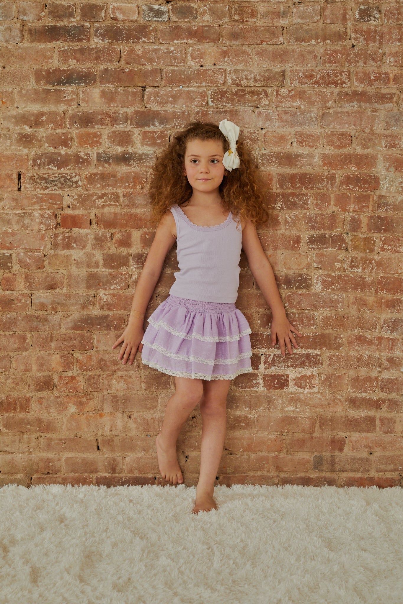 Gemma Lavender With White Lace Heart Dobbie Smocked Ruffle Mini Skirt