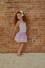 Gemma Lavender With White Lace Heart Dobbie Smocked Ruffle Mini Skirt