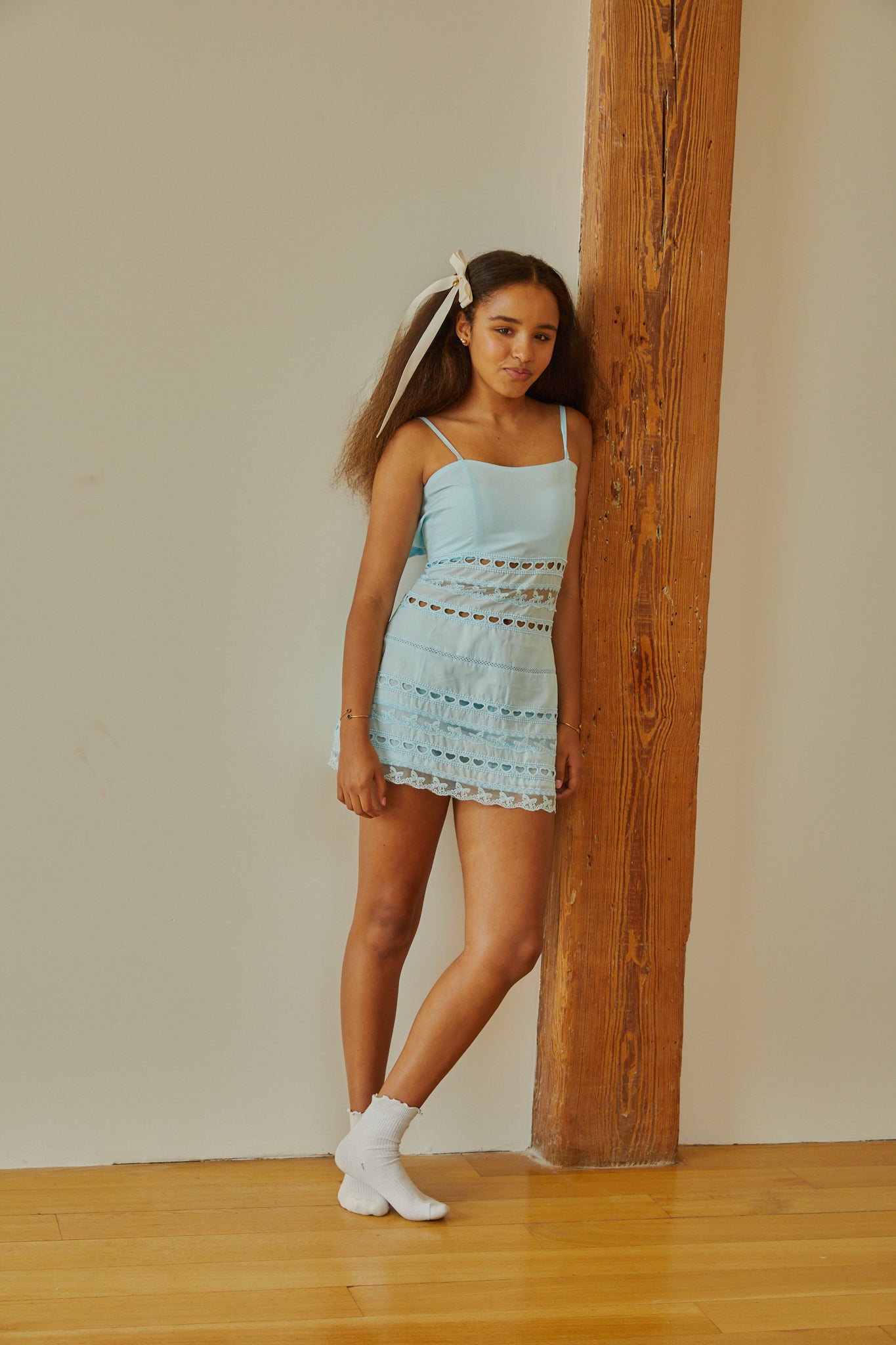 Isabella Pastel Blue Heart Bow Lace Dress