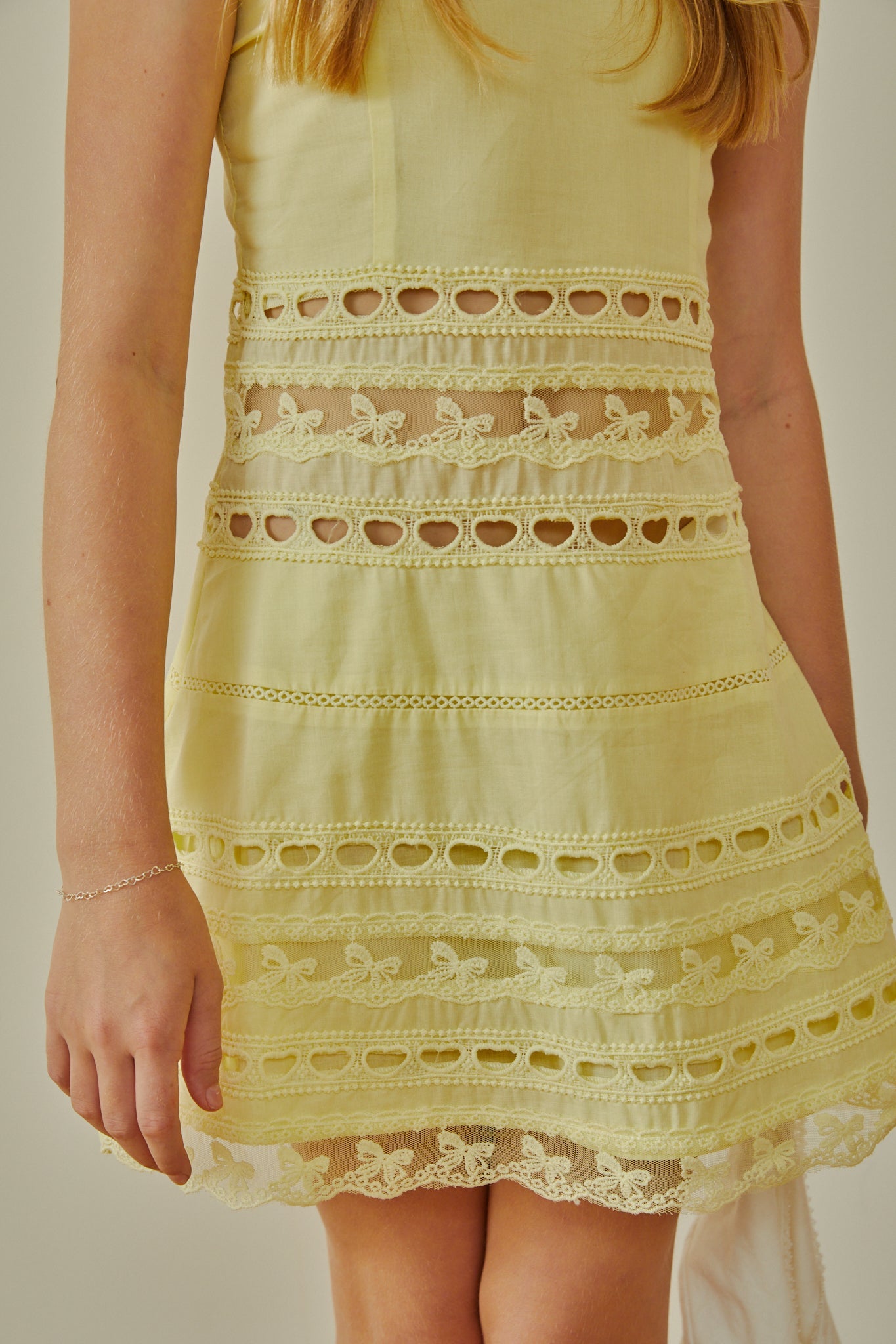 Isabella Pastel Yellow Heart Bow Lace Dress