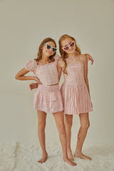 Gemma Pastel Pink With Pink Lace Heart Lurex Smocked Ruffle Mini Skirt