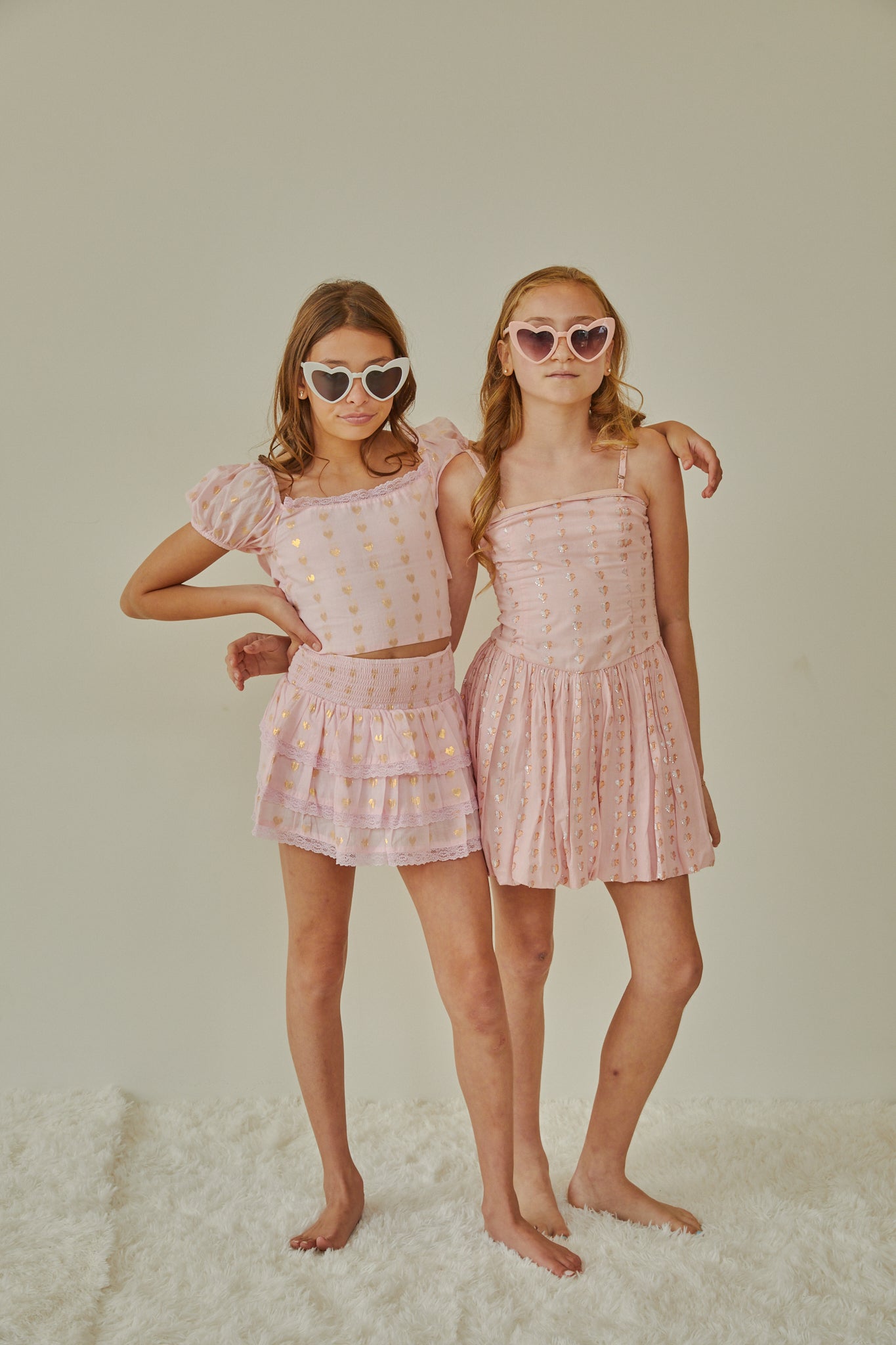 Gemma Pastel Pink With Pink Lace Heart Lurex Smocked Ruffle Mini Skirt