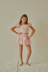 Gemma Pastel Pink With Pink Lace Heart Lurex Smocked Ruffle Mini Skirt