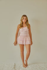 Gemma Pastel Pink With Pink Lace Heart Lurex Smocked Ruffle Mini Skirt
