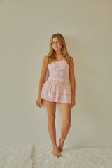 Gemma Pastel Pink With Pink Lace Heart Lurex Smocked Ruffle Mini Skirt