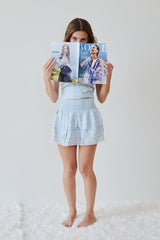 Gemma Pastel Blue With Blue Lace Heart Lurex Smocked Ruffle Mini Skirt
