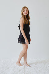 Gemma Black With Black Lace Heart Lurex Smocked Ruffle Mini Skirt